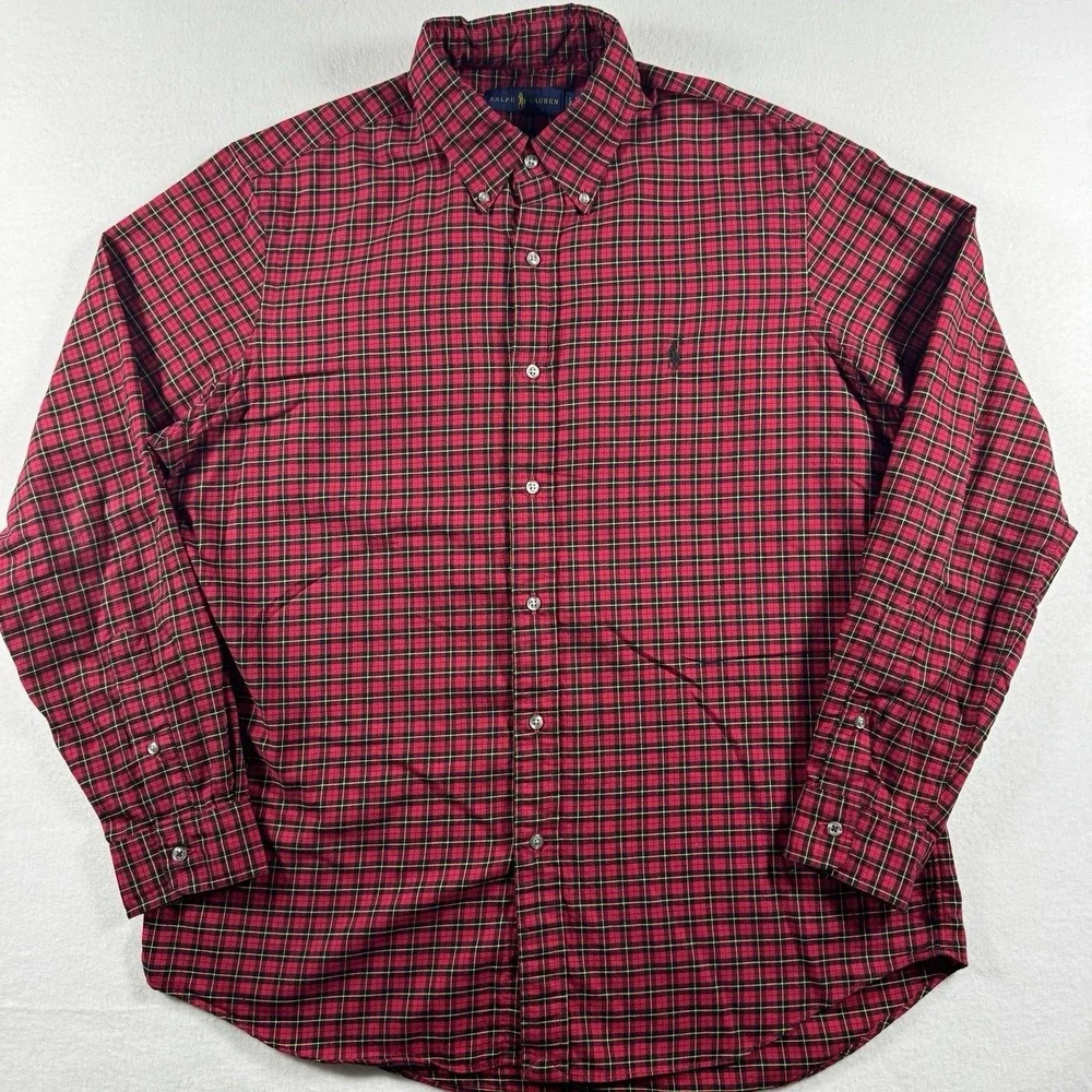 Polo Ralph Lauren‎ Button Down Shirt Men's L Red Black Plaid LS Brushed Cotton